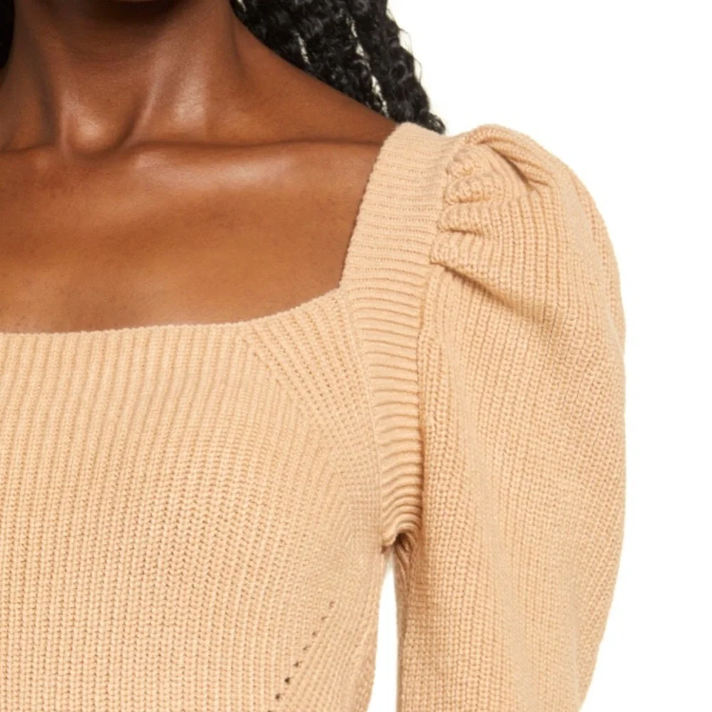 WAYF Leland Tie Back Puff Sleeve Sweater Camel M